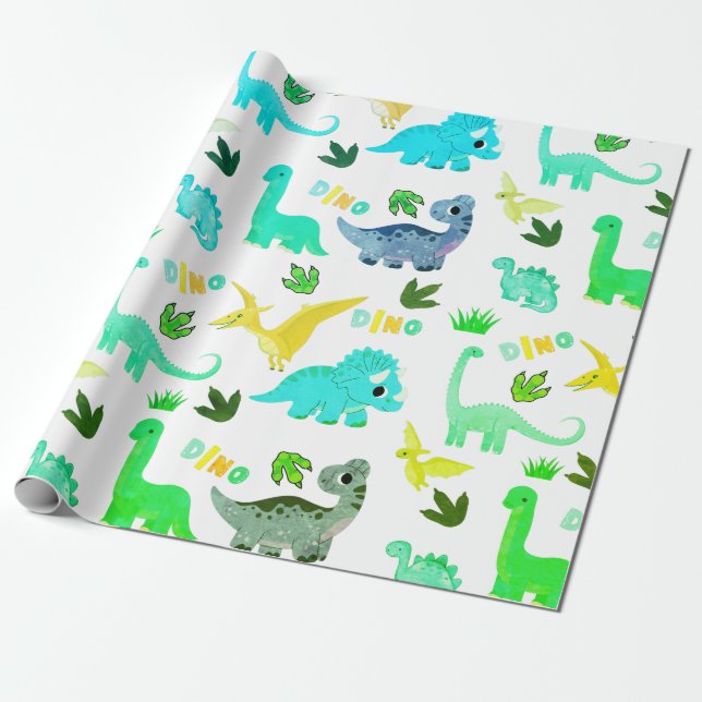 Sömlös mönster grönt Dinosaur Kids party Presentpapper (Utrullad)