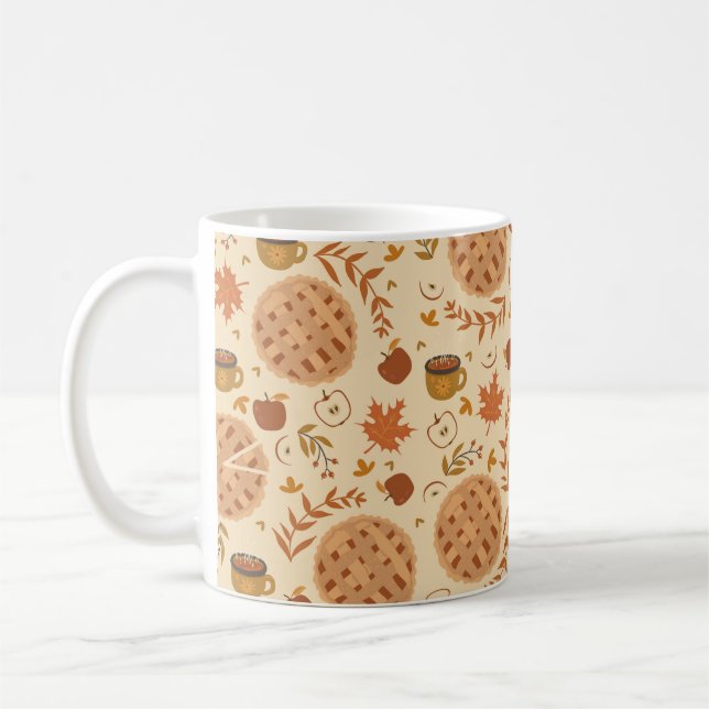 Sömlös mönster med äpple paj, äpplen och mugg.  kaffemugg (Vänster)