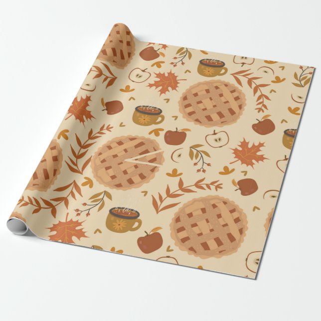 Sömlös mönster med äpple paj, äpplen och mugg.  presentpapper (Utrullad)