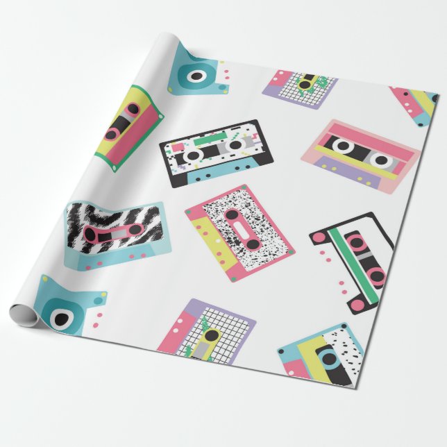 Sömlös mönster med audio band i retro 80-talsstam presentpapper (Utrullad)
