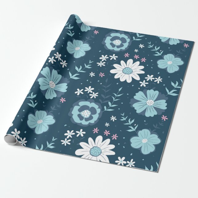 Sömlös mönster med blå sommarblommor på mörken  presentpapper (Utrullad)