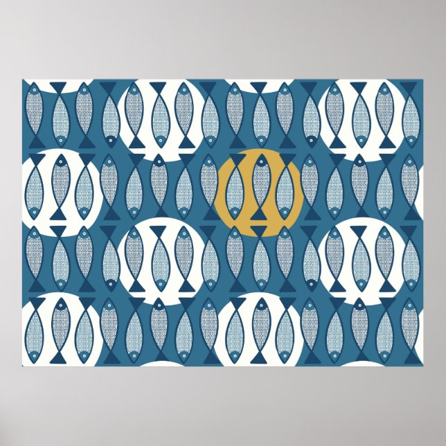 Sömlös mönster med blåfenad fisk inspirerad av ska poster (Framsidan)