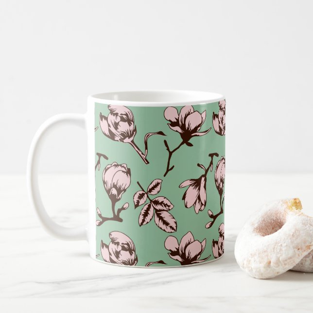 Sömlös mönster med blomknoppar från vår träd kaffemugg (Med munk)