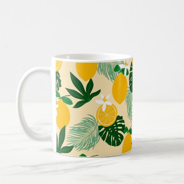 Sömlös mönster med citroner och exotisk handflatan kaffemugg (Vänster)