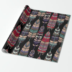 Sömlös mönster med fågelfjädrar. Tribal art a Presentpapper