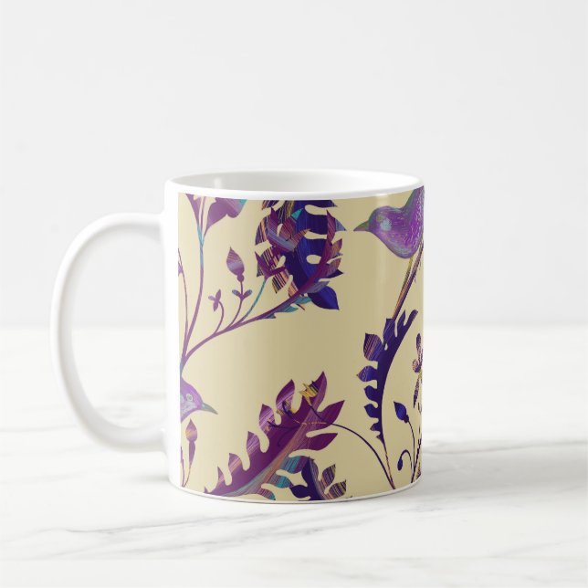 Sömlös mönster med fåglar och grenar med exokt kaffemugg (Vänster)