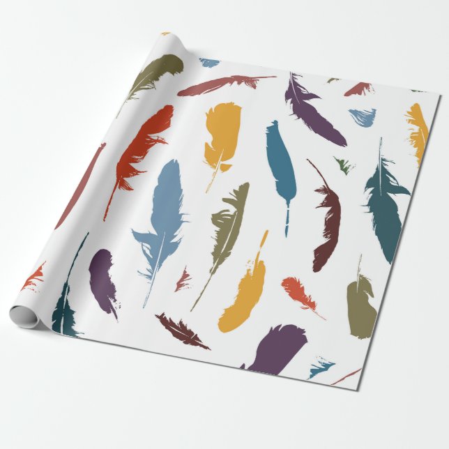 Sömlös mönster med färgad fjädrar på ett ljus. presentpapper (Utrullad)