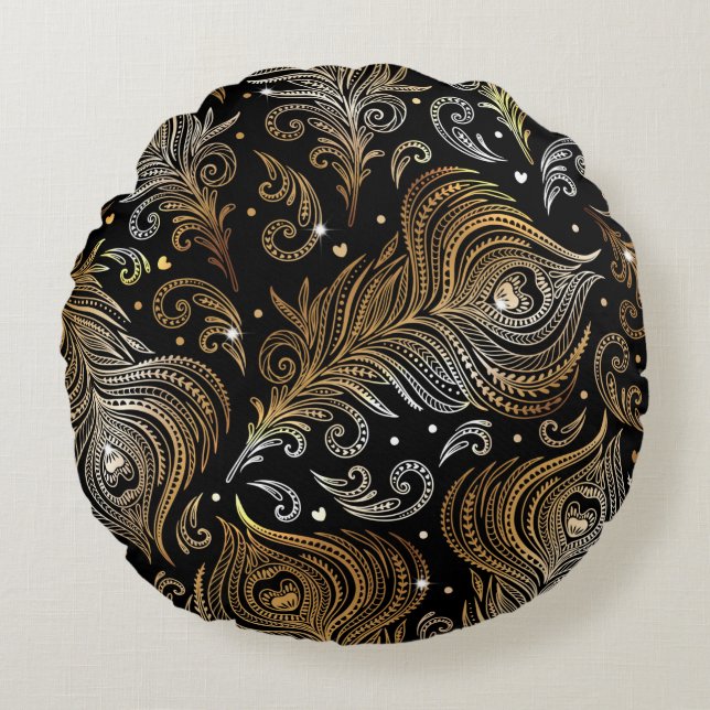 Sömlös mönster med fjädrar. Freehand d Rund Kudde (Framsidan)