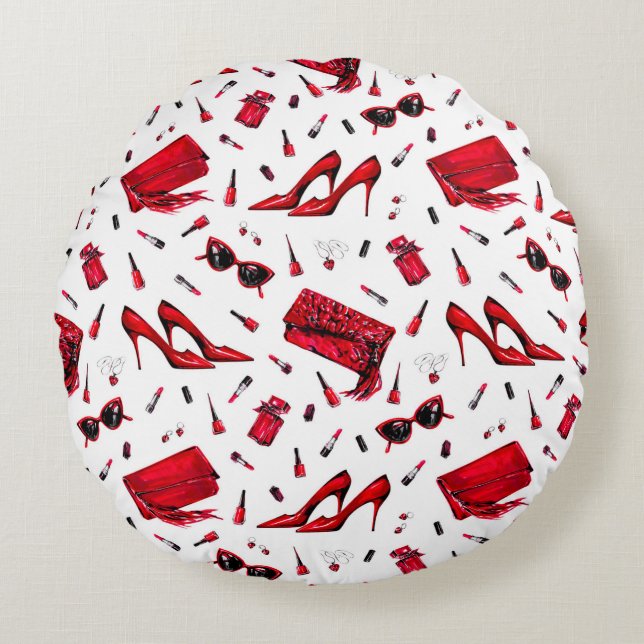 Sömlös mönster med flicka sak i röda färg rund kudde (Framsidan)