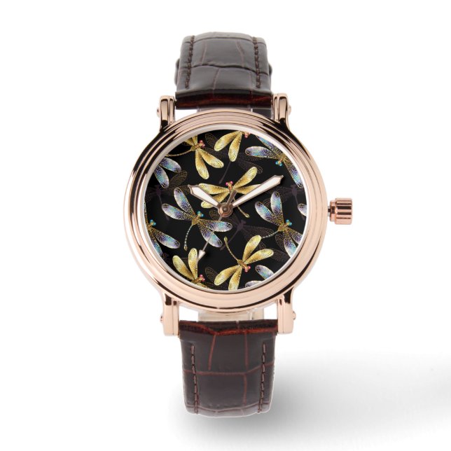 Sömlös Mönster med Golden Dragonflies Armbandsur (Framsida)