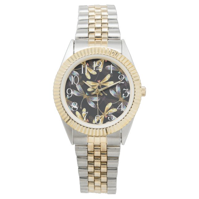 Sömlös Mönster med Golden Dragonflies Armbandsur (Framsida)