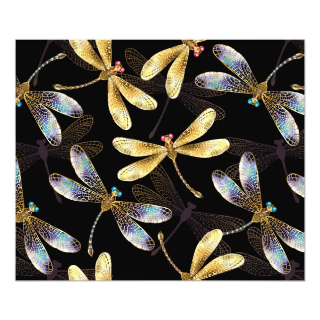Sömlös Mönster med Golden Dragonflies Fototryck (Framsidan)