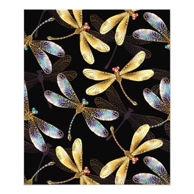 Sömlös Mönster med Golden Dragonflies Fototryck (Framsidan)