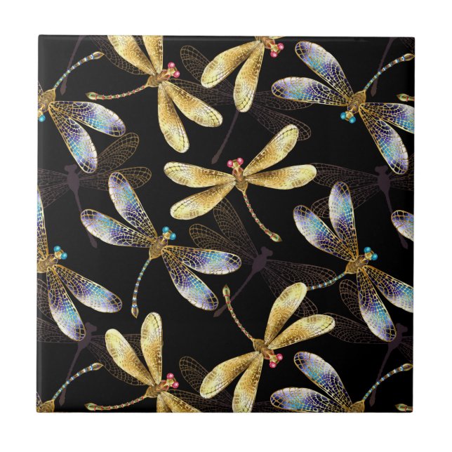 Sömlös Mönster med Golden Dragonflies Kakelplatta (Framsidan)
