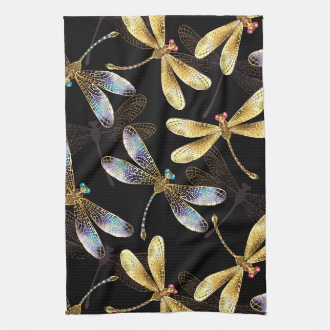 Sömlös Mönster med Golden Dragonflies Kökshandduk (Vertikal)