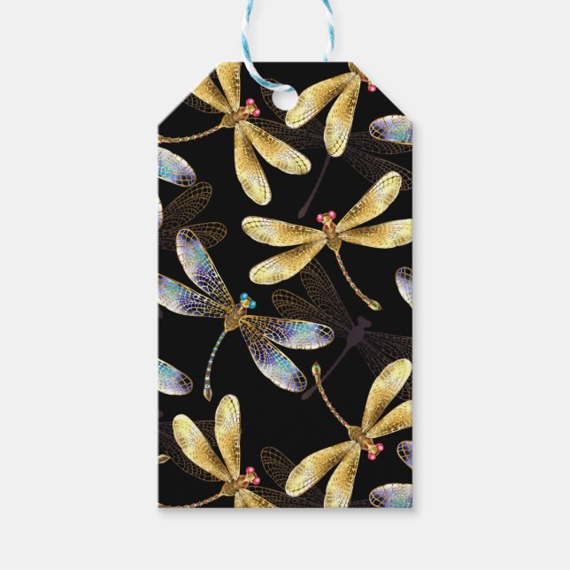 Sömlös Mönster med Golden Dragonflies Presentetikett (Framsidan)
