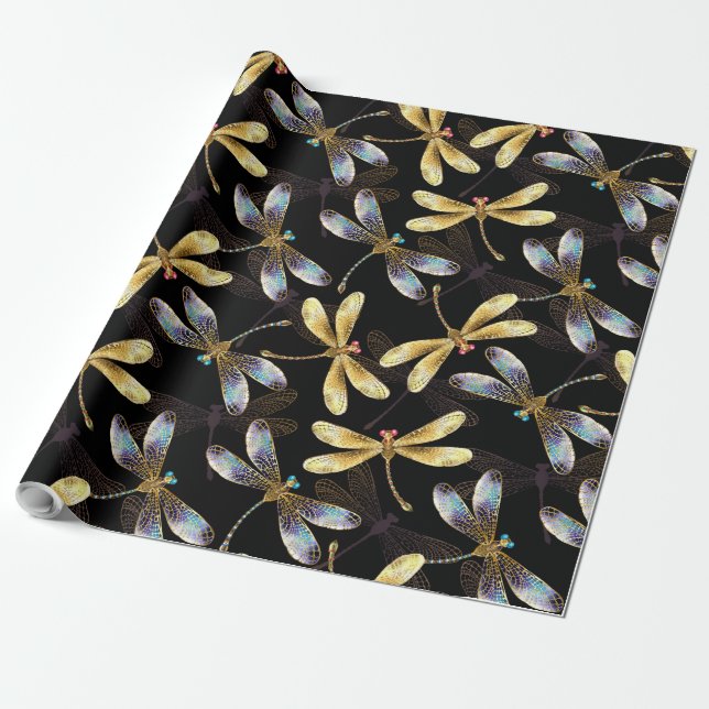 Sömlös Mönster med Golden Dragonflies Presentpapper (Utrullad)