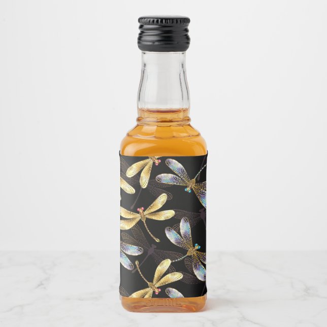 Sömlös Mönster med Golden Dragonflies Spritflaskor Etikett (Framsida)