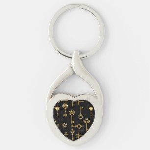 Sömlös Mönster med Golden Nycklar Twisted Heart Silverfärgad Nyckelring