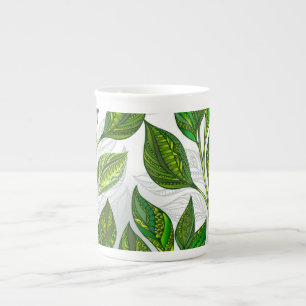 Sömlös Mönster med Grönt Tea Löv Benporslin Mugg