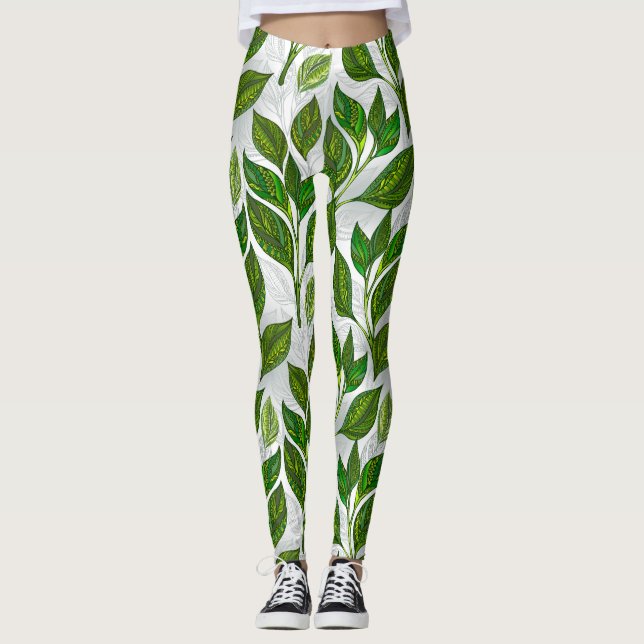 Sömlös Mönster med Grönt Tea Löv Leggings (Framsida)