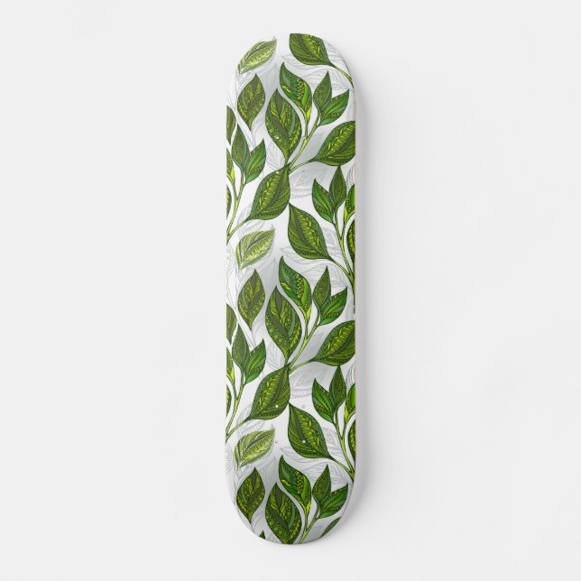 Sömlös Mönster med Grönt Tea Löv Mini Skateboard Bräda 18,5 Cm (Framsida)