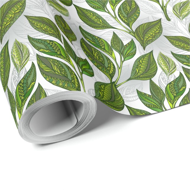 Sömlös Mönster med Grönt Tea Löv Presentpapper (Rullad Hörn)