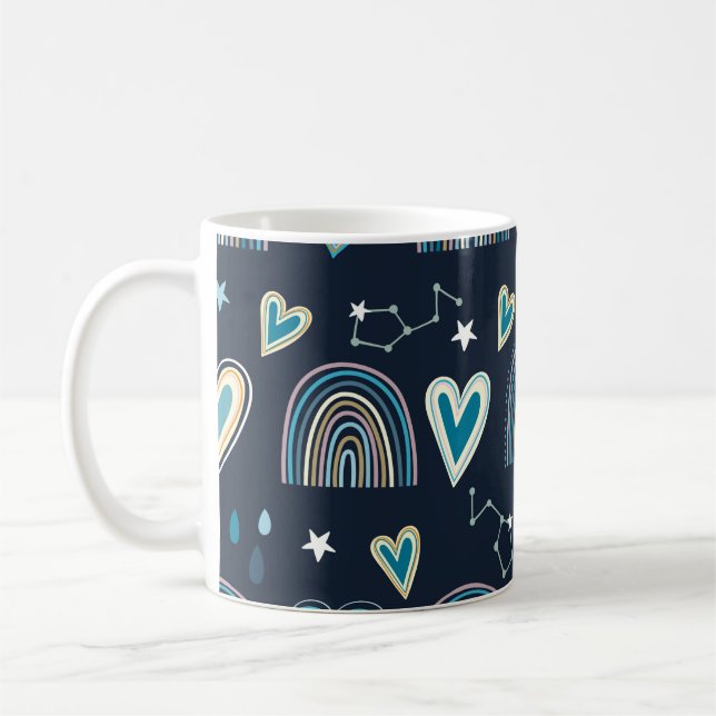 Sömlös mönster med hjärta, regnbåge och celesti kaffemugg (Vänster)