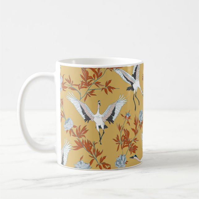 Sömlös mönster med japanska vita kranar och pe kaffemugg (Vänster)