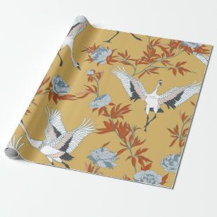 Sömlös mönster med japanska vita kranar och pe presentpapper