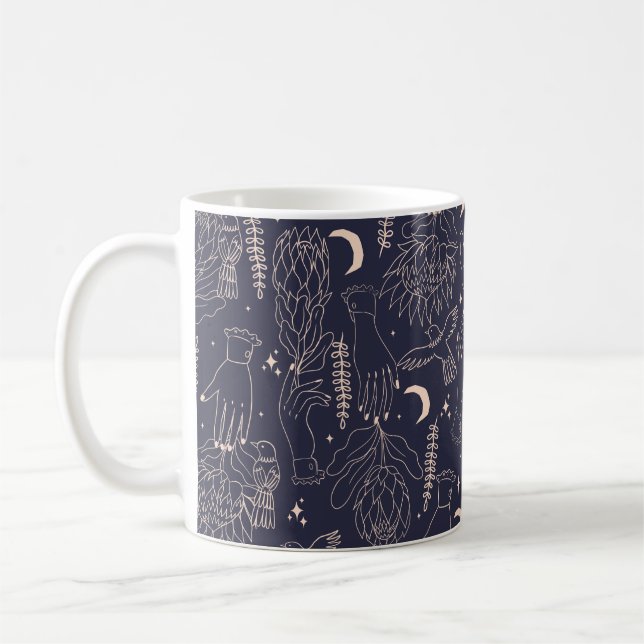 Sömlös mönster med konturerna händer, flowe kaffemugg (Vänster)