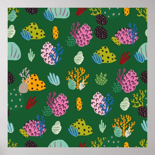 Sömlös mönster med koraller grenar och havsplan poster (Framsidan)