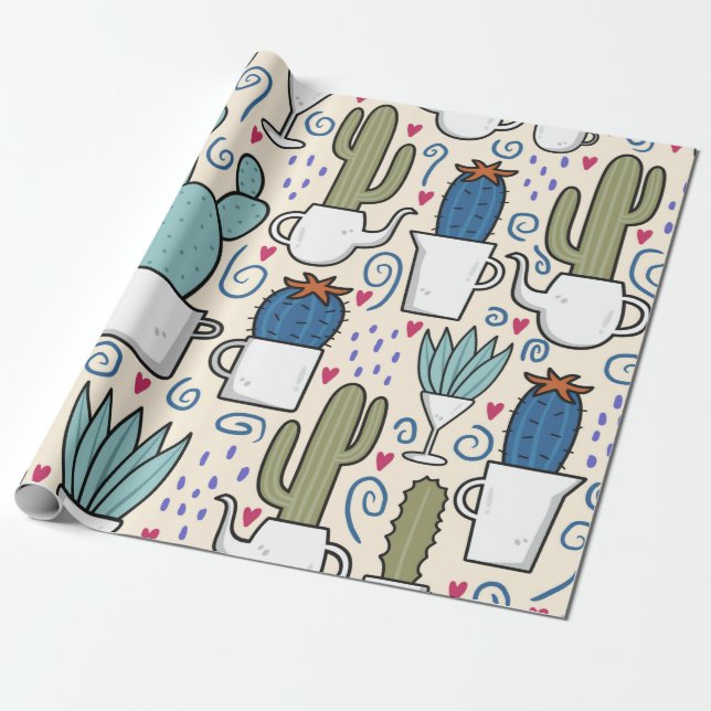 Sömlös mönster med lama, cactus hand plockade des presentpapper (Utrullad)