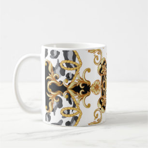 Sömlös mönster med leopard hud och guldbaro kaffemugg