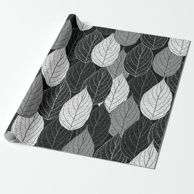 Sömlös mönster med löv. Handdragen monokrom Presentpapper (Utrullad)