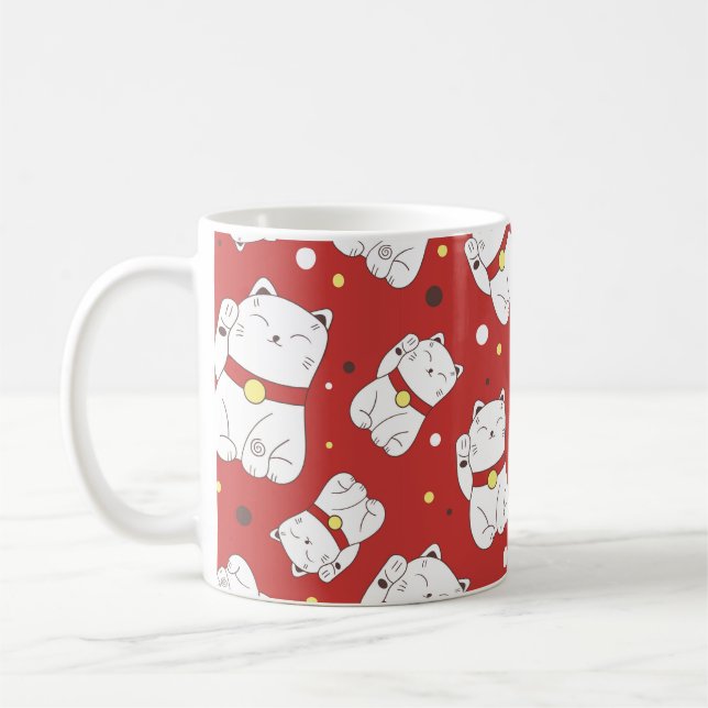 Sömlös mönster med Maneki-Neko cat hand plockade i Kaffemugg (Vänster)