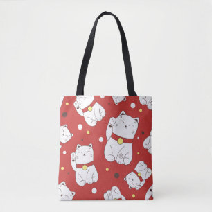 Sömlös mönster med Maneki-Neko cat hand plockade i Tygkasse