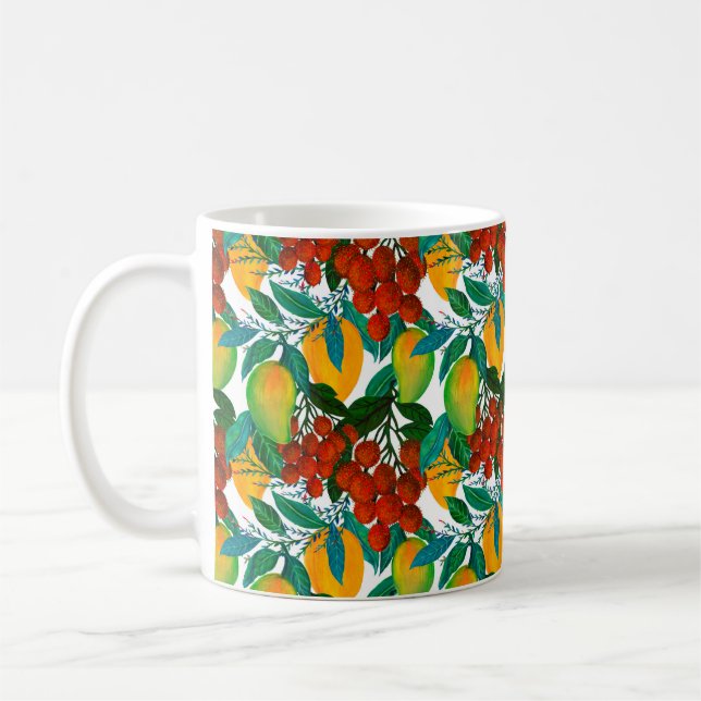 Sömlös mönster med ny, stark exotisk mango kaffemugg (Vänster)