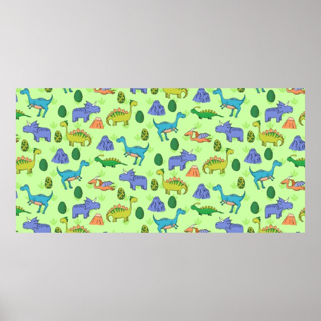 Sömlös mönster med olika söta dinosaurier. poster (Framsidan)