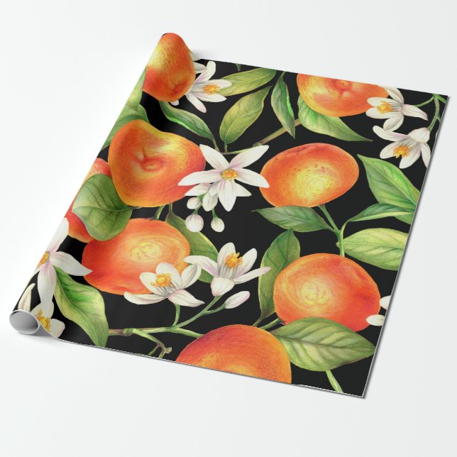 Sömlös mönster med orange frukter, blommor och l presentpapper (Utrullad)