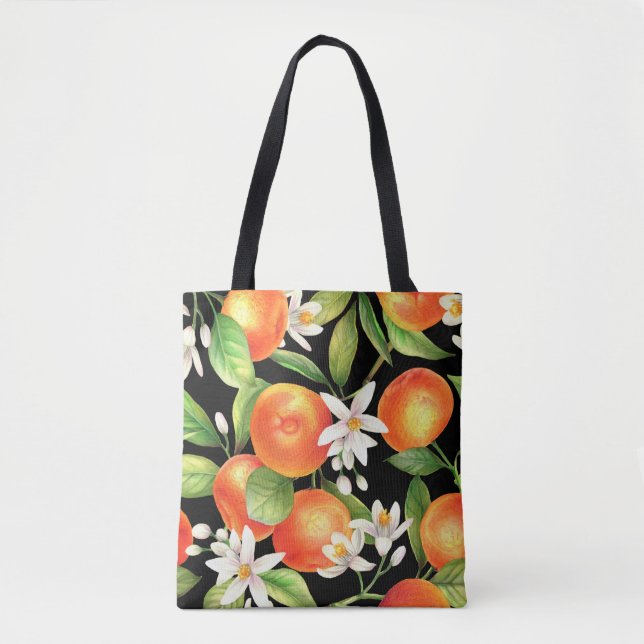 Sömlös mönster med orange frukter, blommor och l tygkasse (Framsida)
