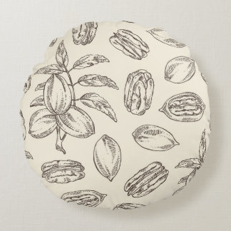 Sömlös mönster med pekan: pecan nöt och löv rund kudde