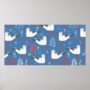 Sömlös mönster med promenadgull. Fågel och lämna Poster