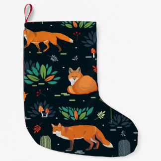 Sömlös mönster med rävar, träd, löv, svamp liten julstrumpa