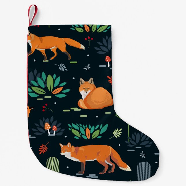 Sömlös mönster med rävar, träd, löv, svamp liten julstrumpa (Framsidan)