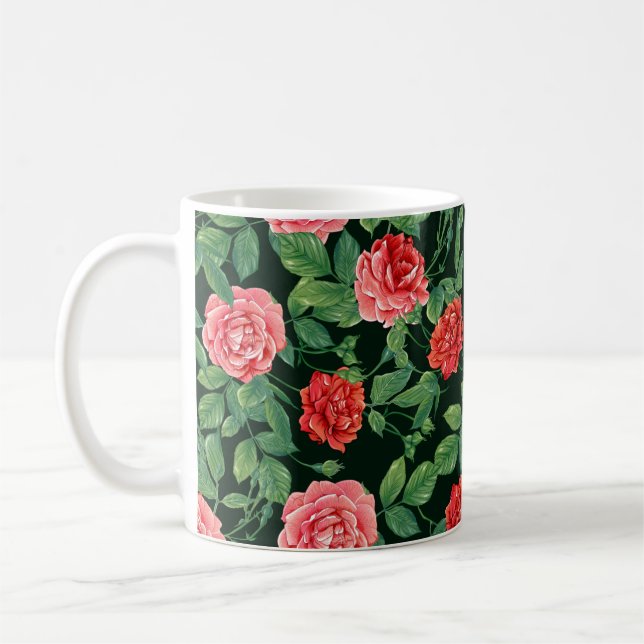 Sömlös mönster med röd ros blommor. Färgad i Kaffemugg (Vänster)