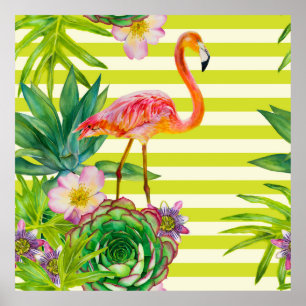 sömlös mönster med rosa flamingo och exotisk tr poster