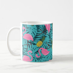 Sömlös mönster med rosa flamingos och grönt pa kaffemugg