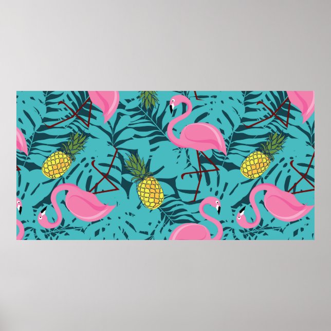 Sömlös mönster med rosa flamingos och grönt pal poster (Framsidan)