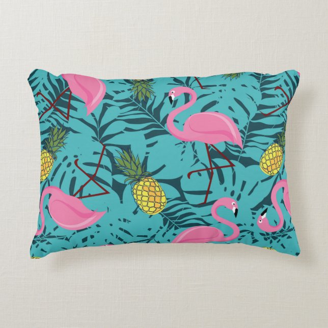 Sömlös mönster med rosa flamingos och grönt pal prydnadskudde (Framsidan)